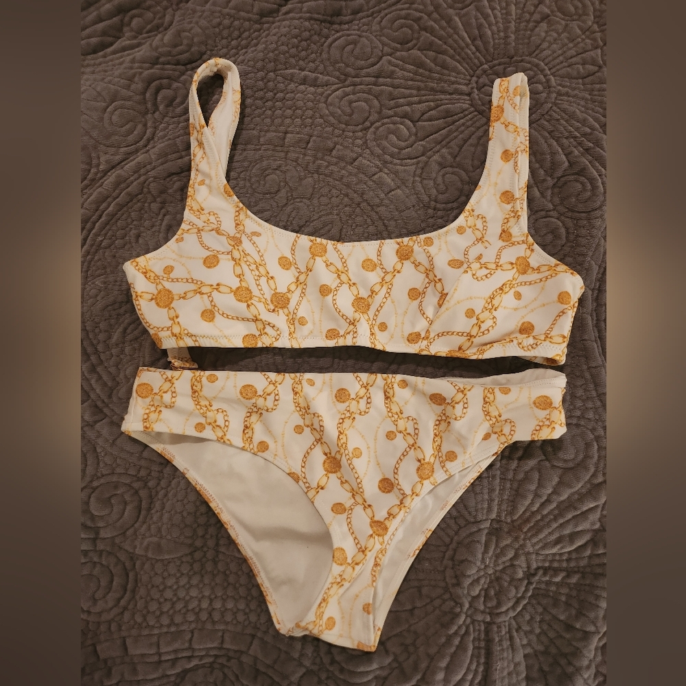 Forever 21 Gold and White Bikini 2 Large Tops And Small Bottom